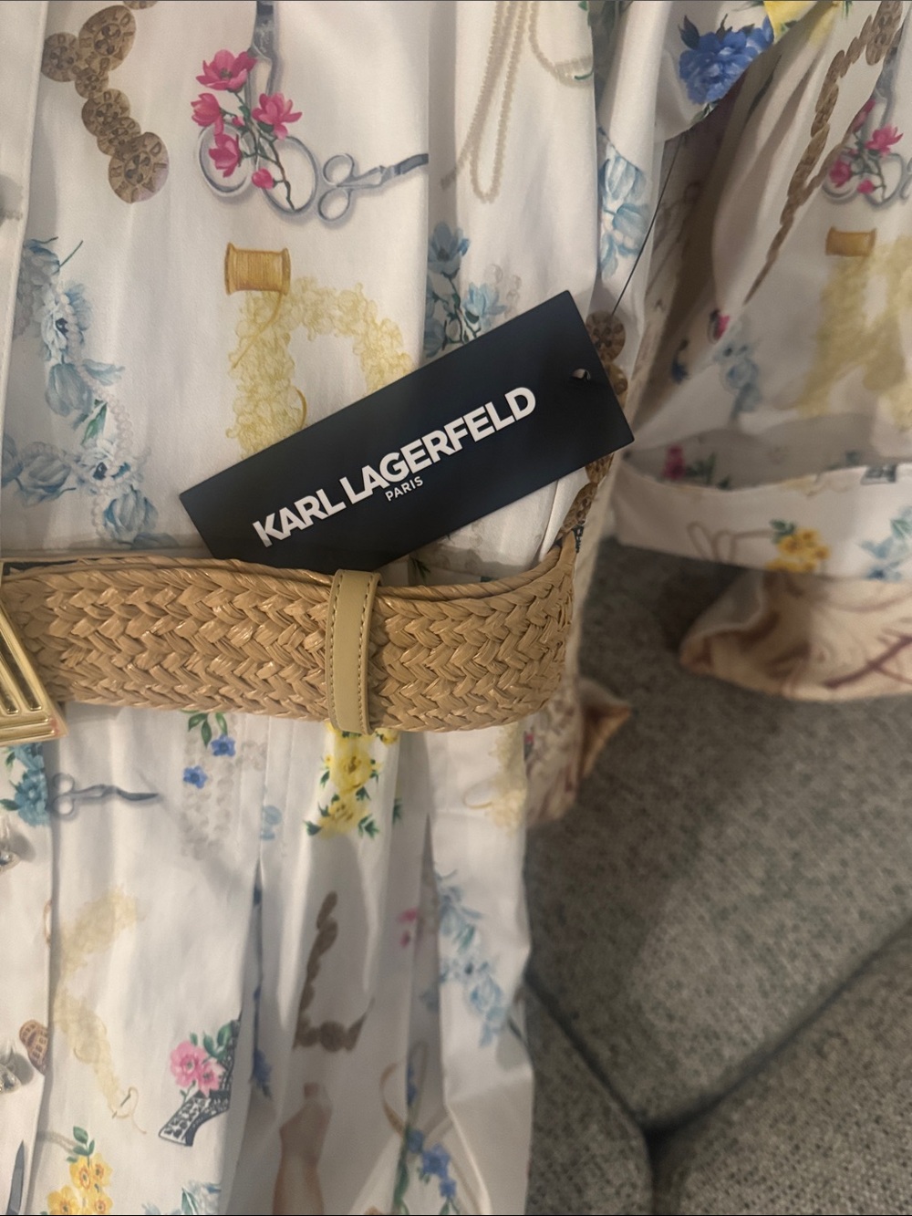 Karl Lagerfeld Cream Floral & Travel Motif Shirt Dress with Raffia Belt - Picture 2 of 12